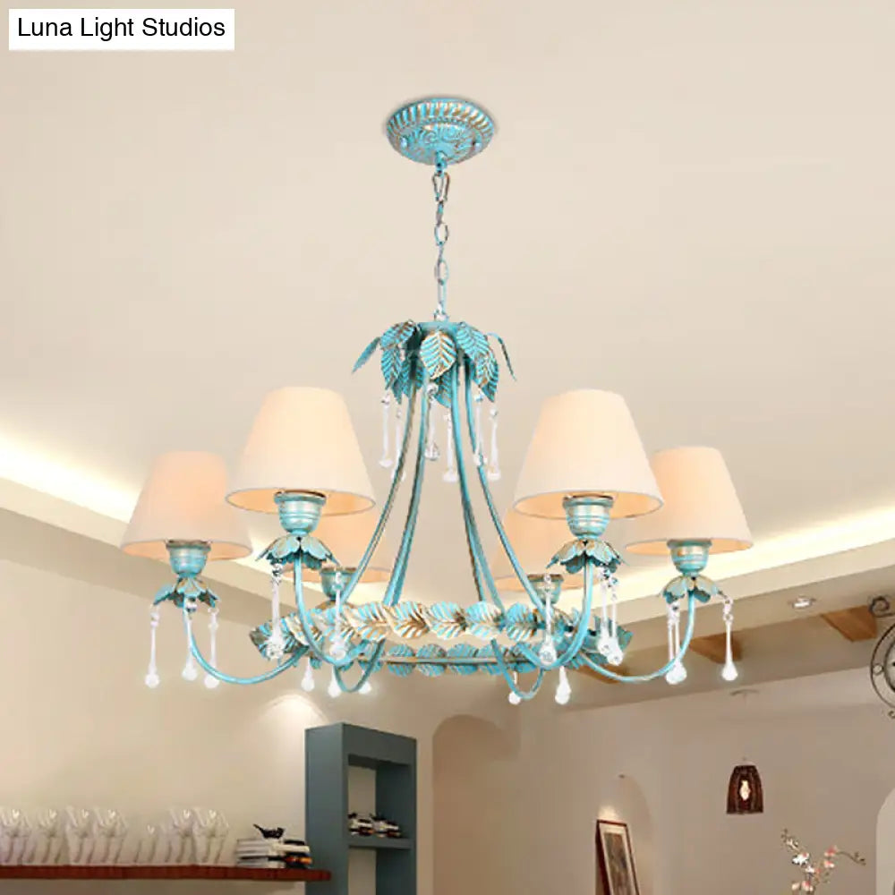 Pastoral Blue Fabric Cone Chandelier Lamp - Elegant 3/6 Bulbs Pendant Light With Metal Leaf And