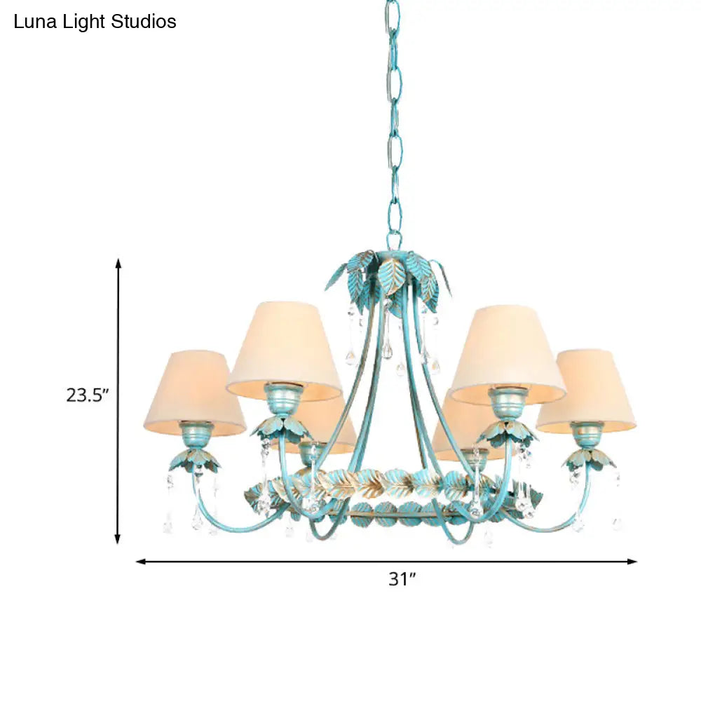 Pastoral Blue Fabric Cone Chandelier Lamp - Elegant 3/6 Bulbs Pendant Light With Metal Leaf And