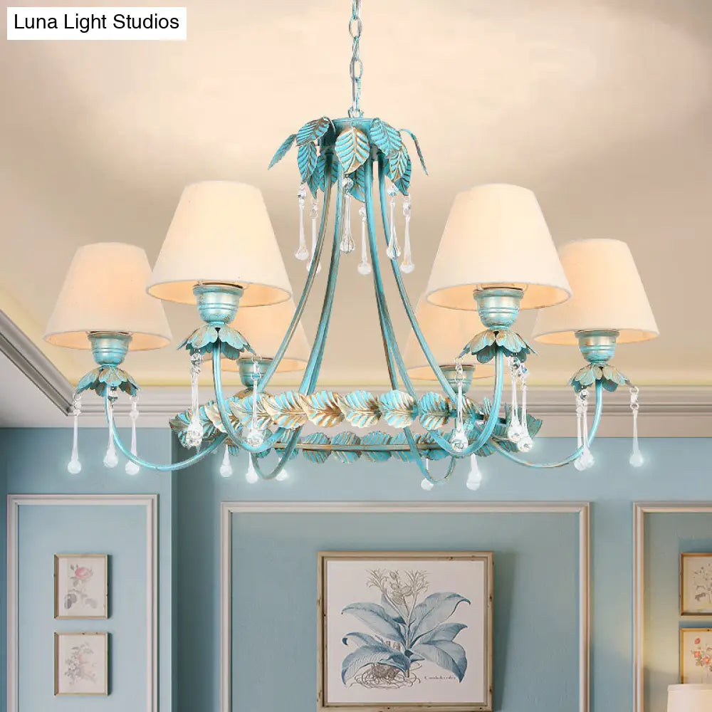 Pastoral Blue Fabric Cone Chandelier Lamp - Elegant 3/6 Bulbs Pendant Light With Metal Leaf And