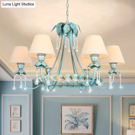 Pastoral Blue Fabric Cone Chandelier Lamp - Elegant 3/6 Bulbs Pendant Light With Metal Leaf And