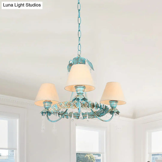 Pastoral Blue Fabric Cone Chandelier Lamp - Elegant 3/6 Bulbs Pendant Light With Metal Leaf And