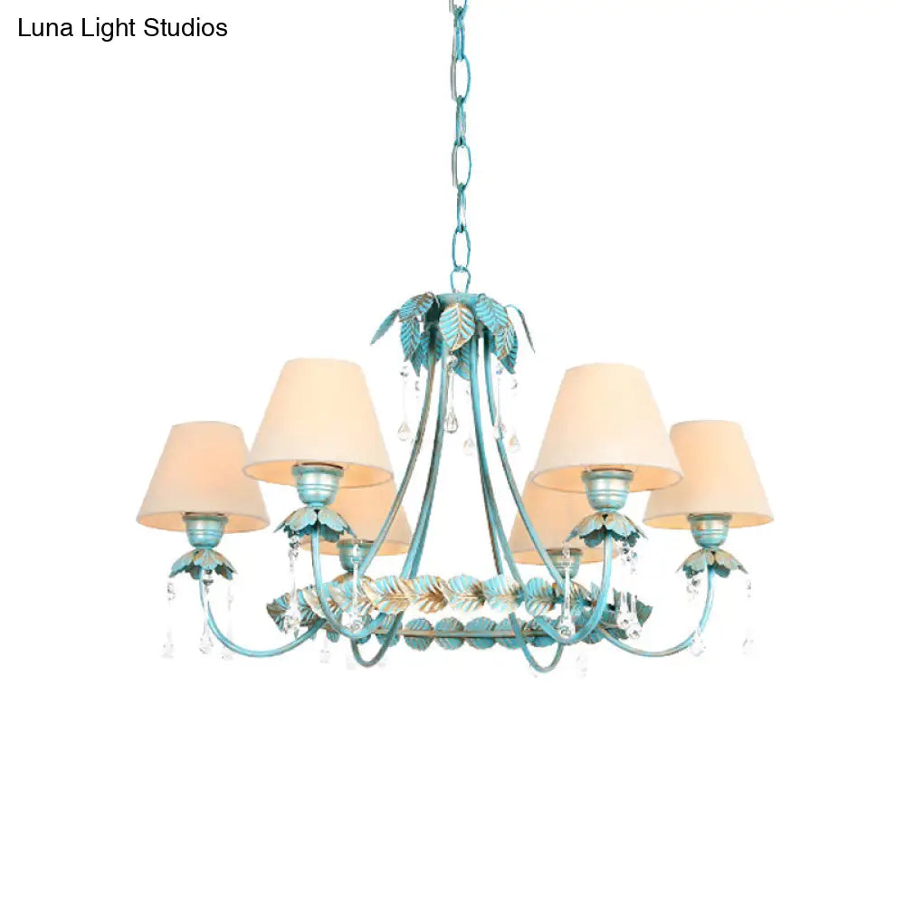 Pastoral Blue Fabric Cone Chandelier Lamp - Elegant 3/6 Bulbs Pendant Light With Metal Leaf And