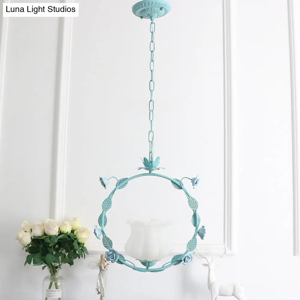 Pastoral Bud Ceiling Light - Single-Bulb Cream Glass Pendant With Floral Hoop