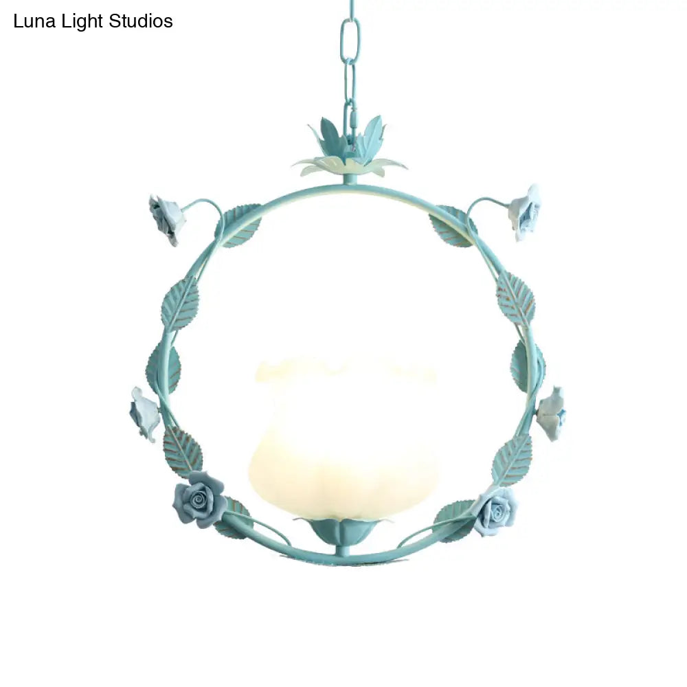 Pastoral Bud Ceiling Light - Single-Bulb Cream Glass Pendant With Floral Hoop