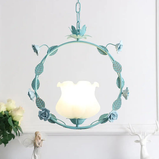 Pastoral Bud Ceiling Light - Single-Bulb Cream Glass Pendant With Floral Hoop Blue