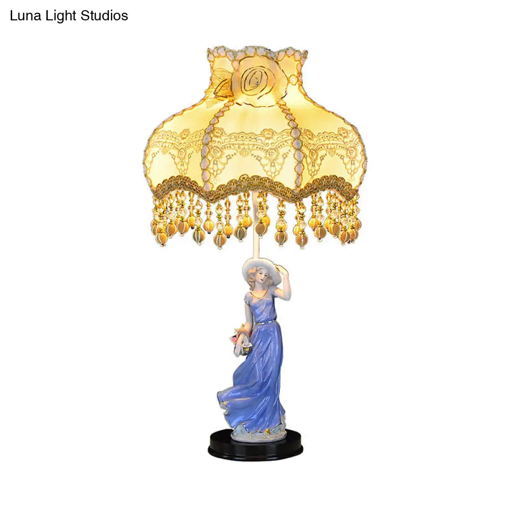 Pastoral Ceramic Woman Night Light - Beige Table Lamp With Fabric Shade