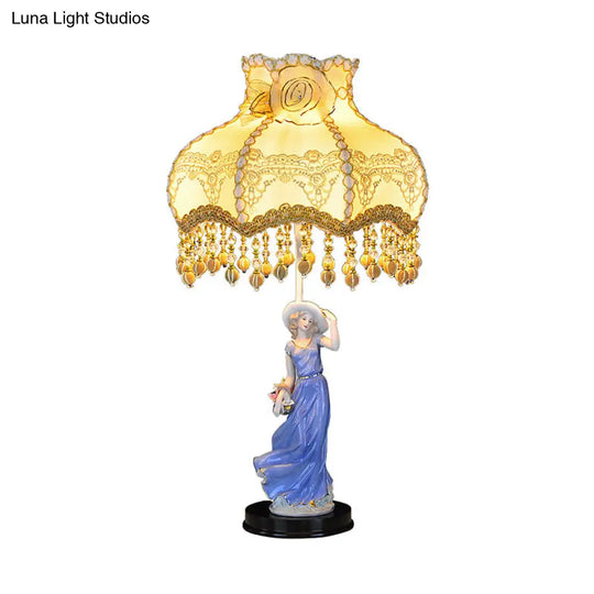 Pastoral Ceramic Woman Night Light - Beige Table Lamp With Fabric Shade