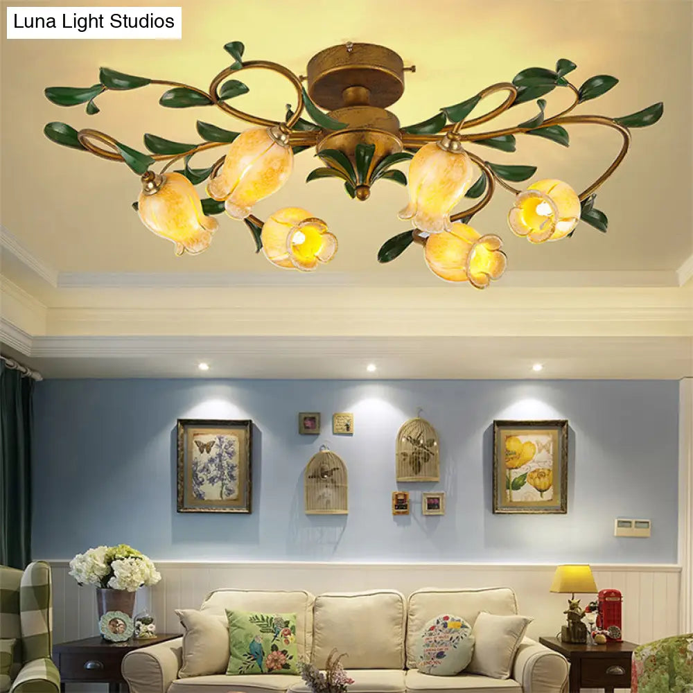 Pastoral Dining Room Glow: 6-Head Glass Pomegranate Flower Semi-Flush Mount Ceiling Light