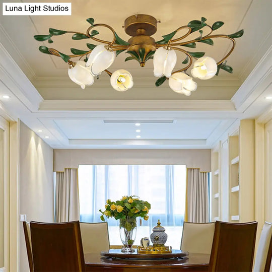 Pastoral Dining Room Glow: 6-Head Glass Pomegranate Flower Semi-Flush Mount Ceiling Light