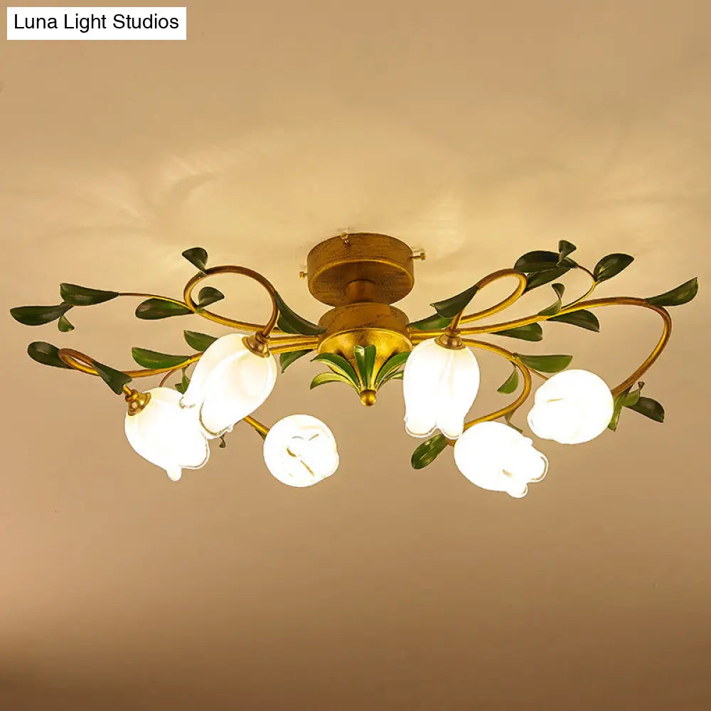 Pastoral Dining Room Glow: 6-Head Glass Pomegranate Flower Semi-Flush Mount Ceiling Light