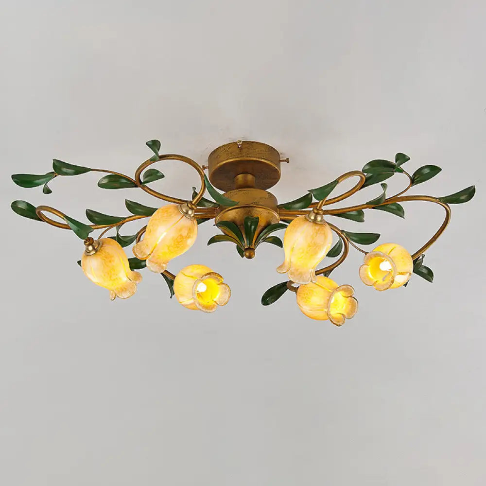 Pastoral Dining Room Glow: 6-Head Glass Pomegranate Flower Semi-Flush Mount Ceiling Light Yellow