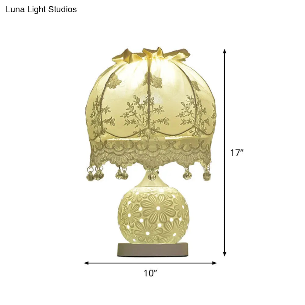 Pastoral Dome Fabric Night Light With Lace Trim And Ceramic Base