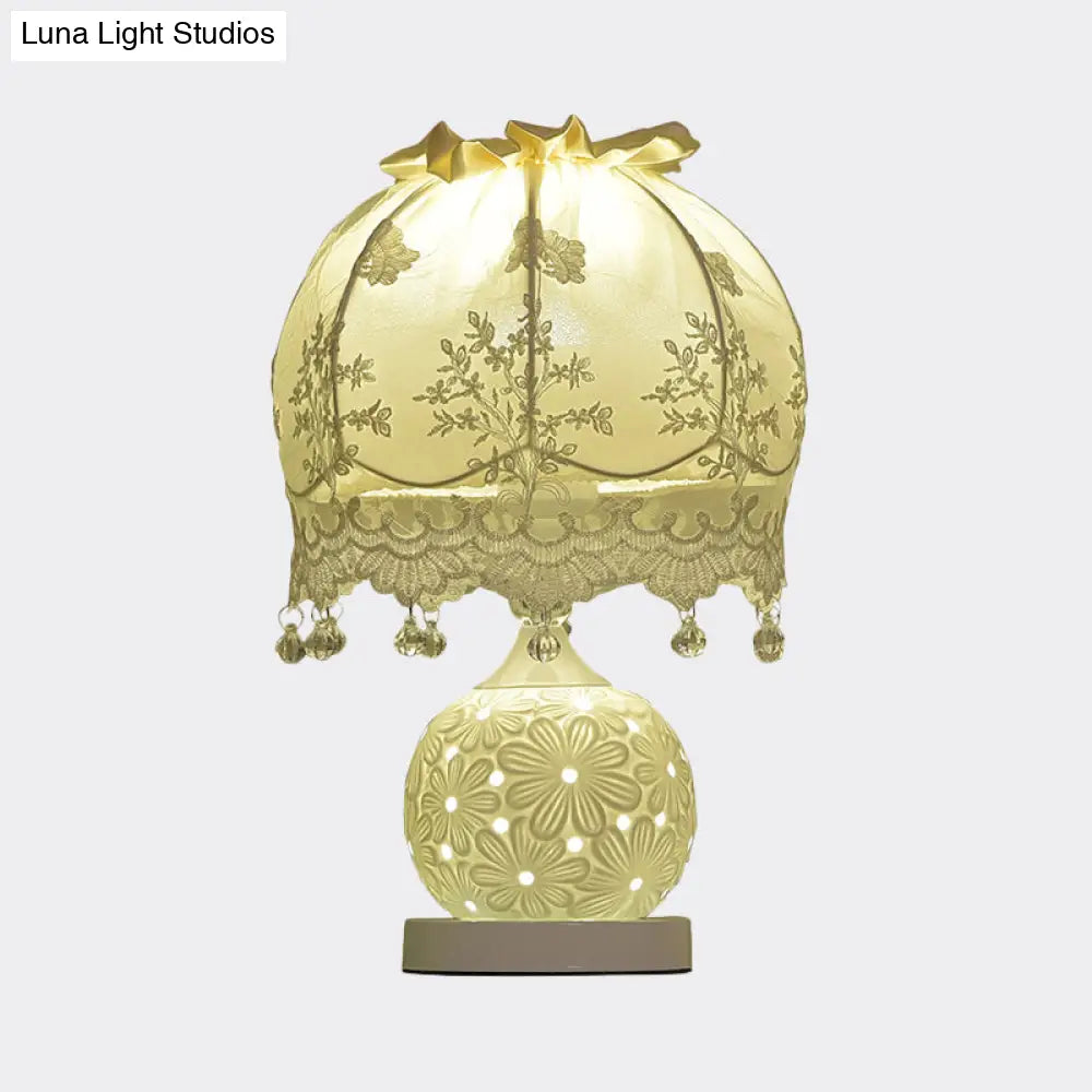 Pastoral Dome Fabric Night Light With Lace Trim And Ceramic Base