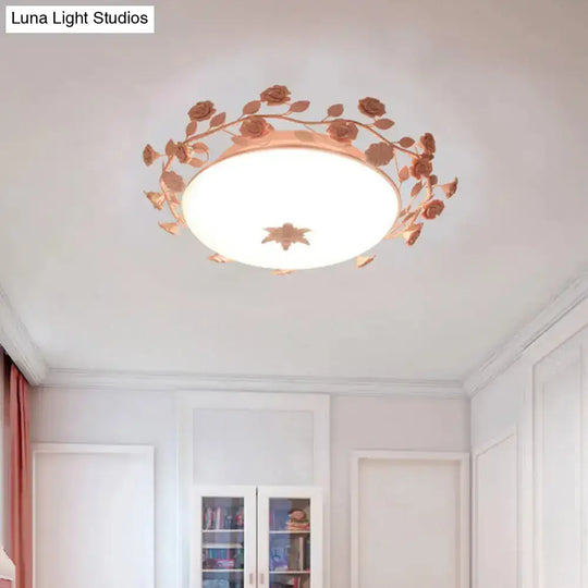 Pastoral Dome Flush Ceiling Light - Frosted White Glass Mount Lamp With Pink Flower Deco