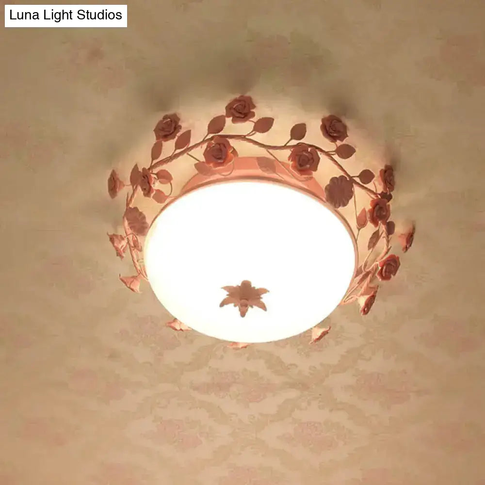 Pastoral Dome Flush Ceiling Light - Frosted White Glass Mount Lamp With Pink Flower Deco