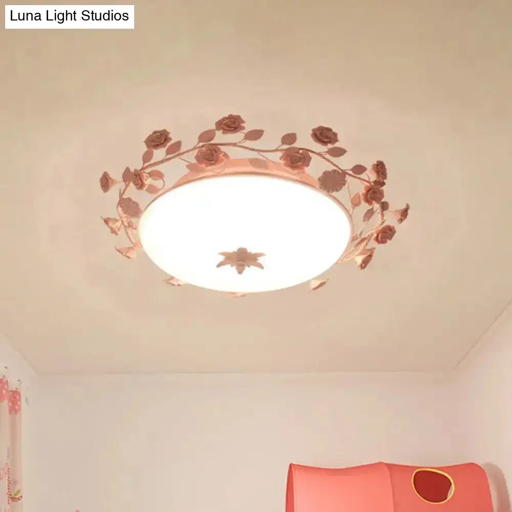 Pastoral Dome Flush Ceiling Light - Frosted White Glass Mount Lamp With Pink Flower Deco