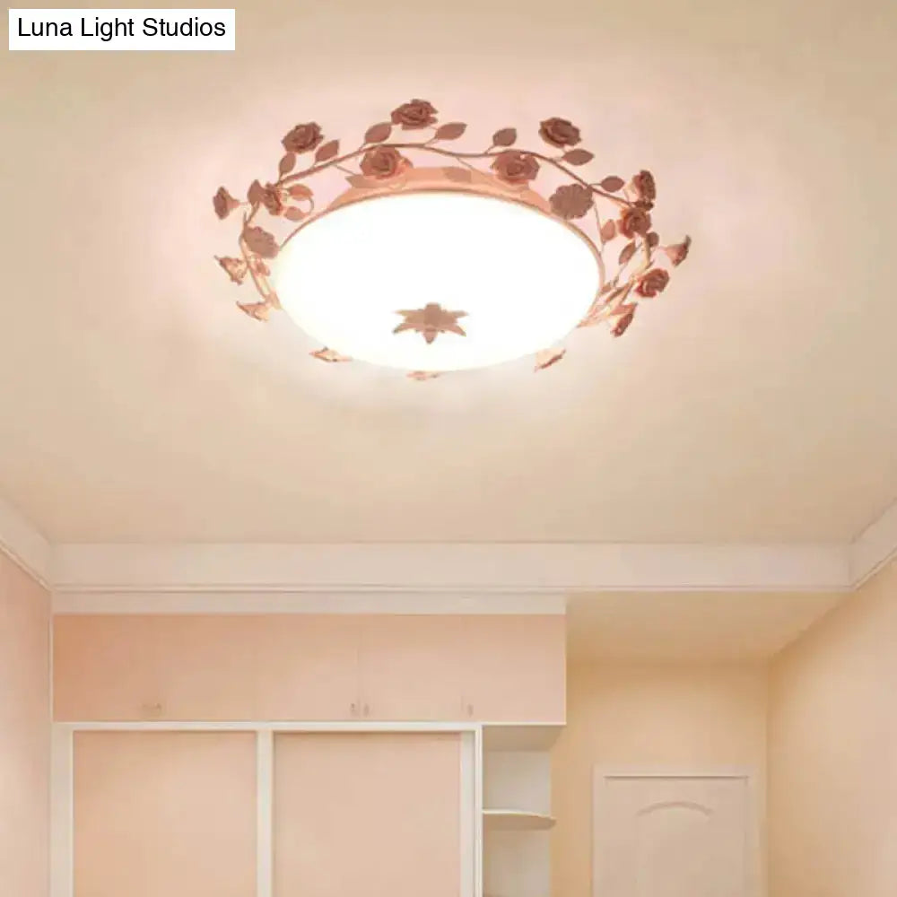 Pastoral Dome Flush Ceiling Light - Frosted White Glass Mount Lamp With Pink Flower Deco