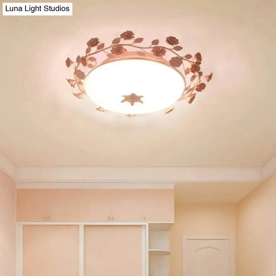 Pastoral Dome Flush Ceiling Light - Frosted White Glass Mount Lamp With Pink Flower Deco