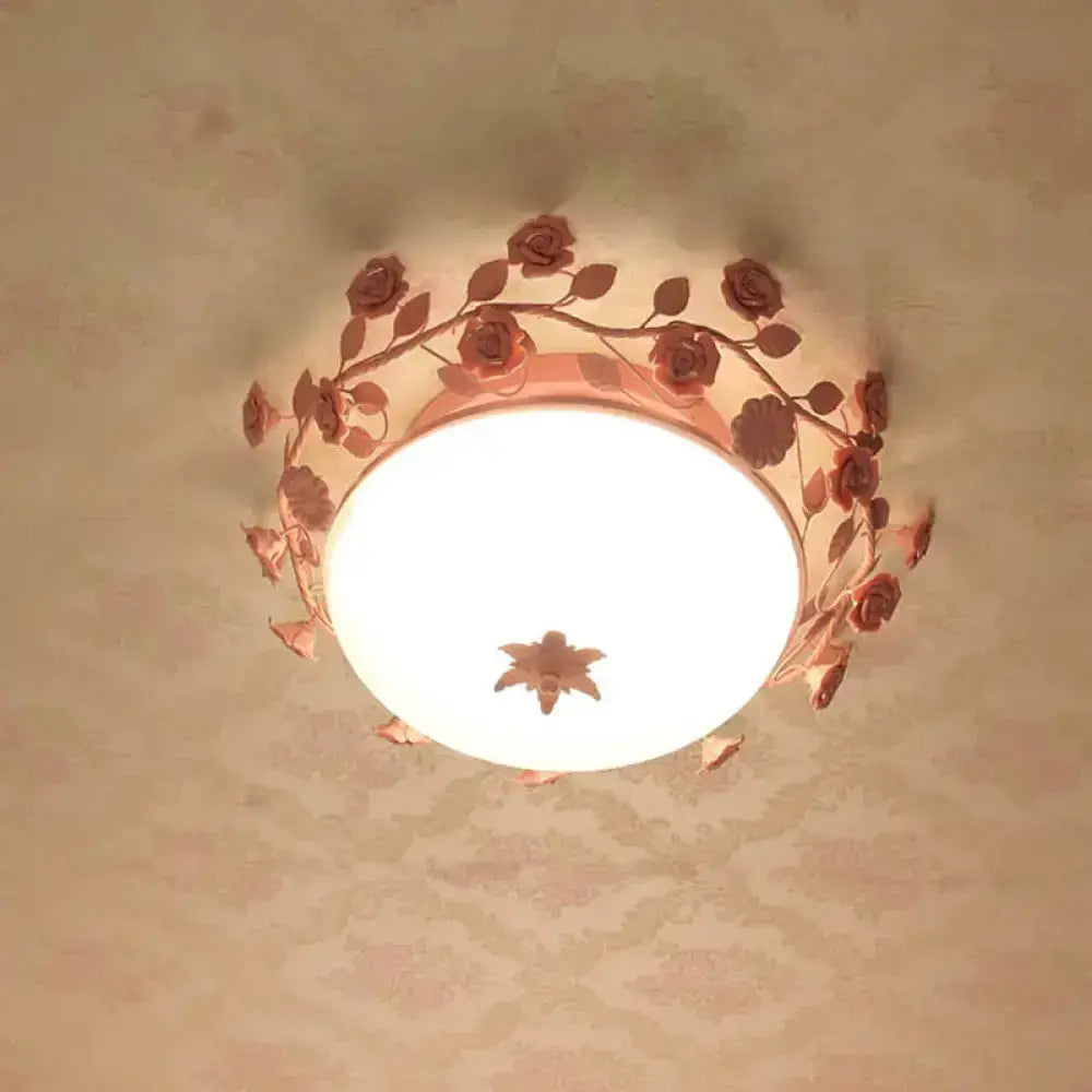 Pastoral Dome Flush Ceiling Light - Frosted White Glass Mount Lamp With Pink Flower Deco