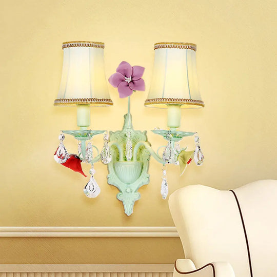 Pastoral Flared Wall Light With Crystal Accent - Blue Fabric Sconce Lamp (2 Bulbs)