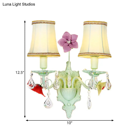 Pastoral Flared Wall Light With Crystal Accent - Blue Fabric Sconce Lamp (2 Bulbs)