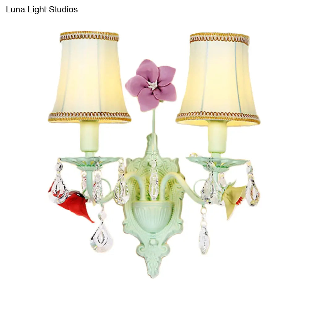 Pastoral Flared Wall Light With Crystal Accent - Blue Fabric Sconce Lamp (2 Bulbs)