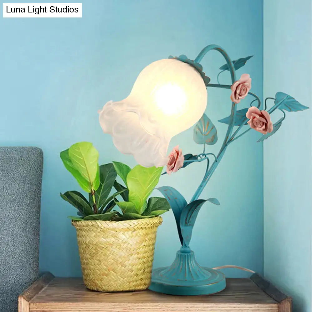 Pastoral Floral Frosted Glass Night Light With Arched Arm - Blue/Beige