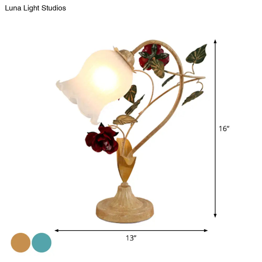 Pastoral Floral Frosted Glass Night Light With Arched Arm - Blue/Beige