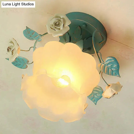 Pastoral Floral Living Room Flush Mount Light With Frosted White Glass And Blue Accent