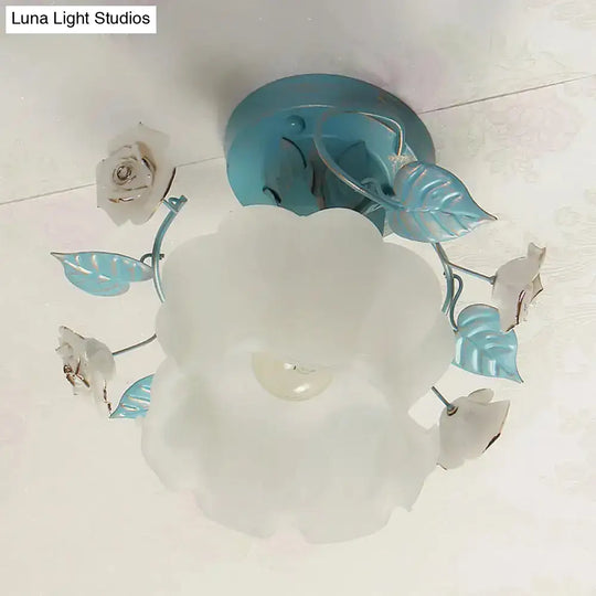 Pastoral Floral Living Room Flush Mount Light With Frosted White Glass And Blue Accent