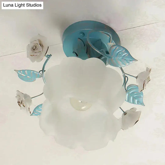 Pastoral Floral Living Room Flush Mount Light With Frosted White Glass And Blue Accent