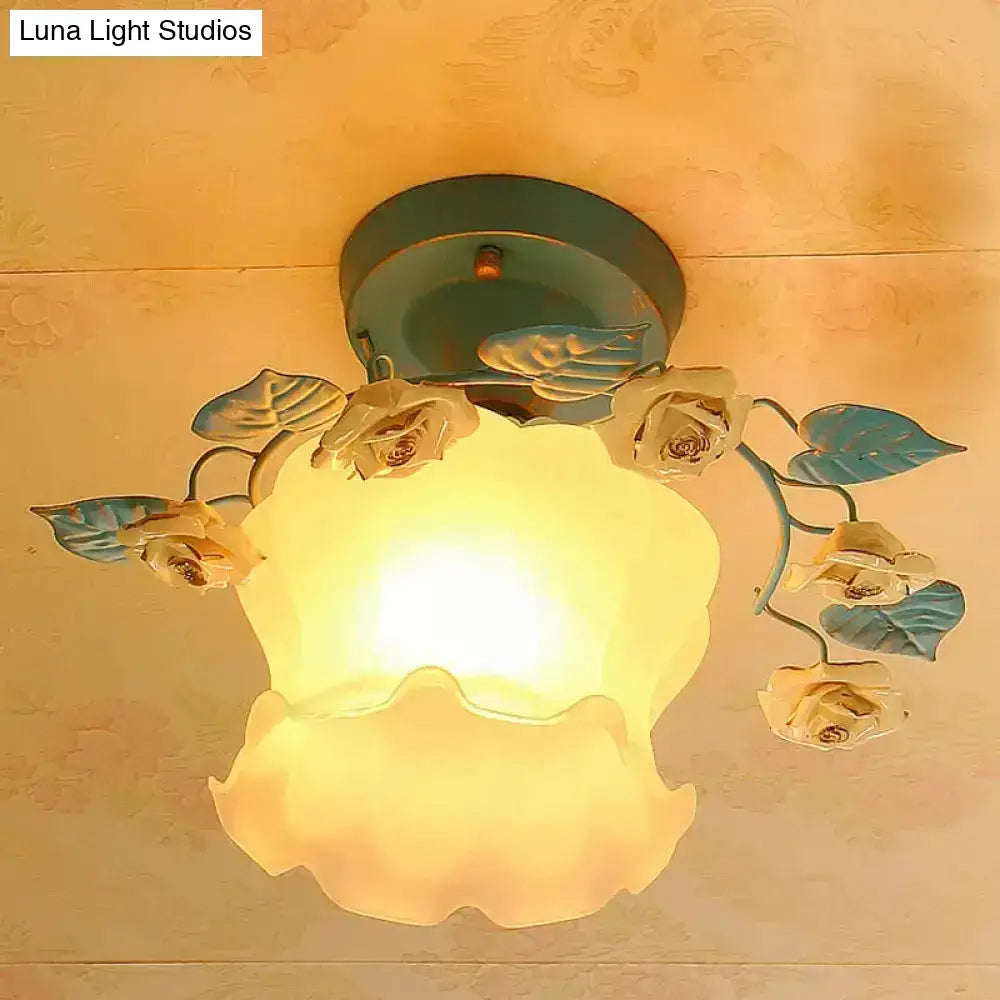 Pastoral Floral Living Room Flush Mount Light With Frosted White Glass And Blue Accent