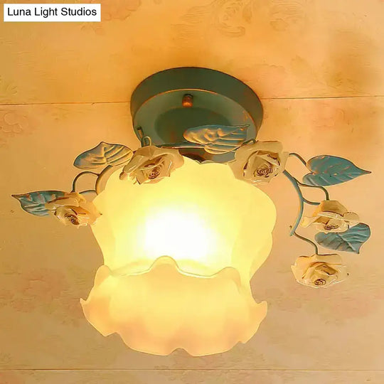 Pastoral Floral Living Room Flush Mount Light With Frosted White Glass And Blue Accent