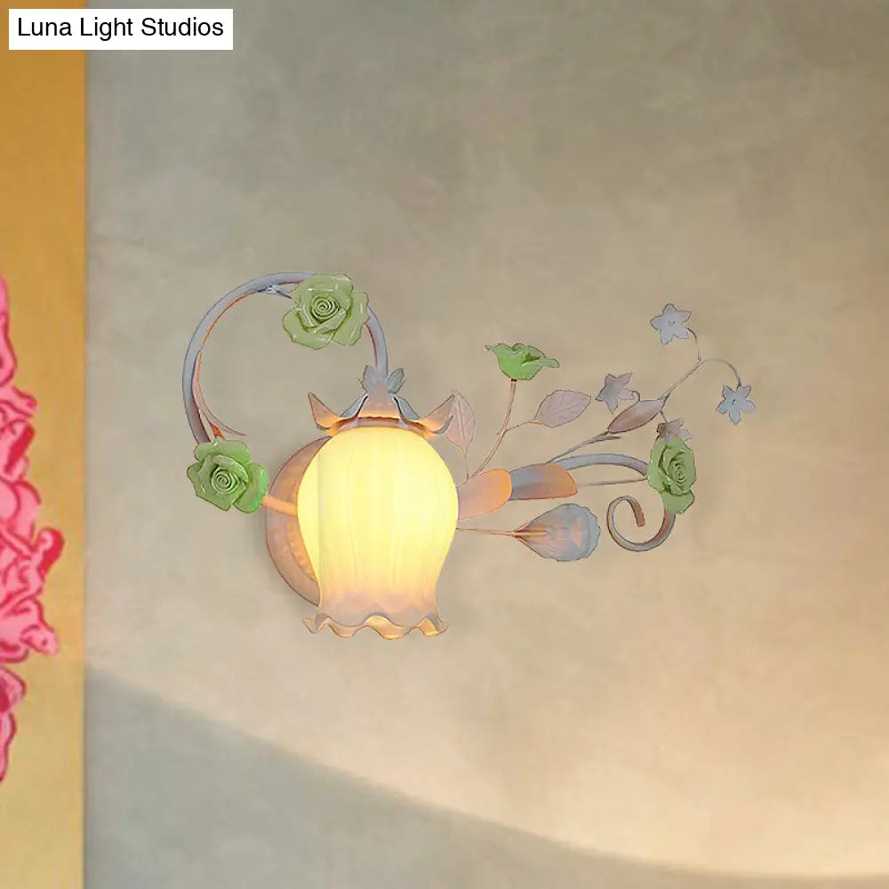 Pastoral Floral Wall Mount Lamp - Yellow/Pink/Blue 1 Head Metal Sconce Light For Bedroom