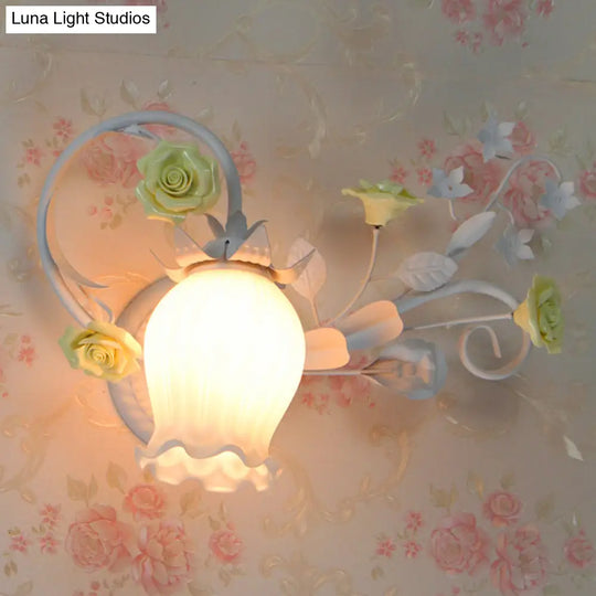 Pastoral Floral Wall Mount Lamp - Yellow/Pink/Blue 1 Head Metal Sconce Light For Bedroom