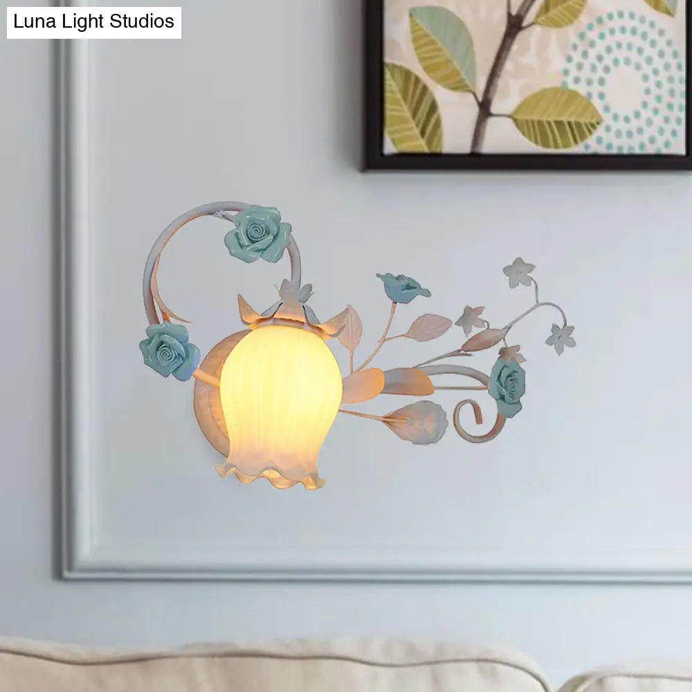 Pastoral Floral Wall Mount Lamp - Yellow/Pink/Blue 1 Head Metal Sconce Light For Bedroom