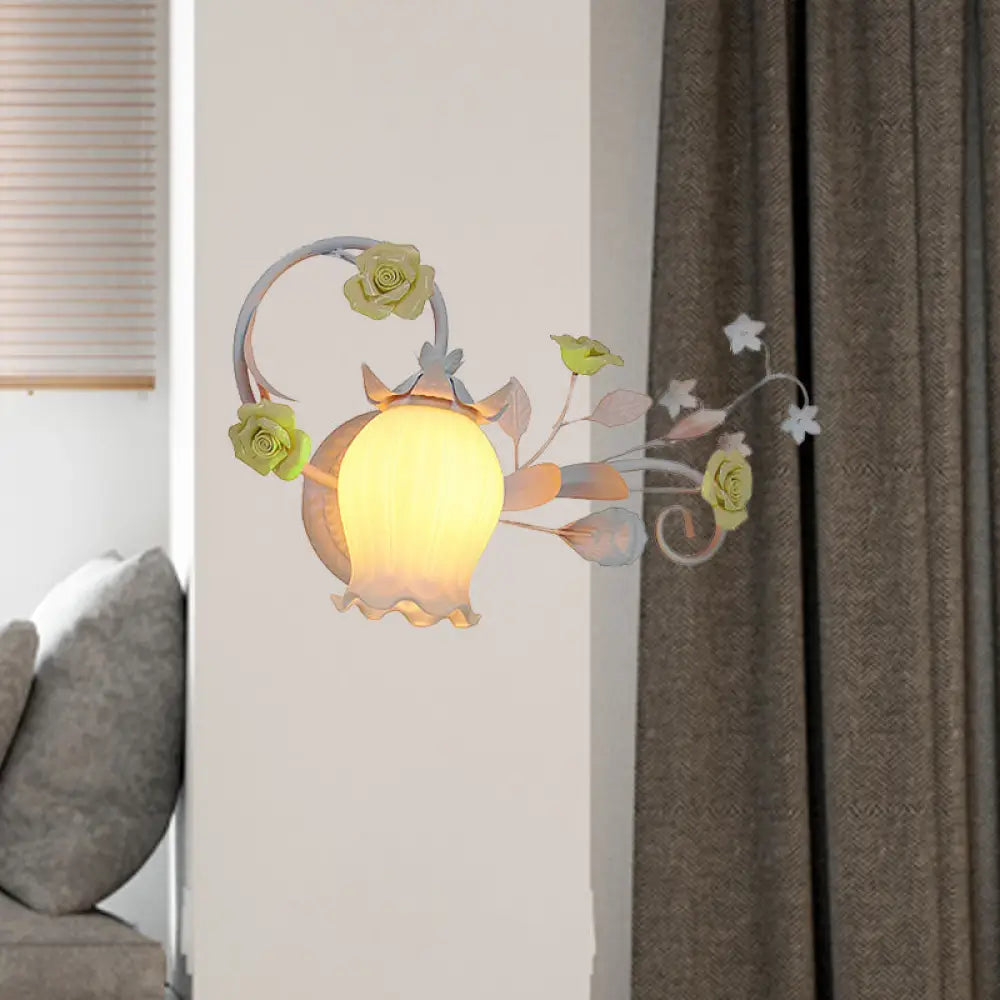 Pastoral Floral Wall Mount Lamp - Yellow/Pink/Blue 1 Head Metal Sconce Light For Bedroom Yellow