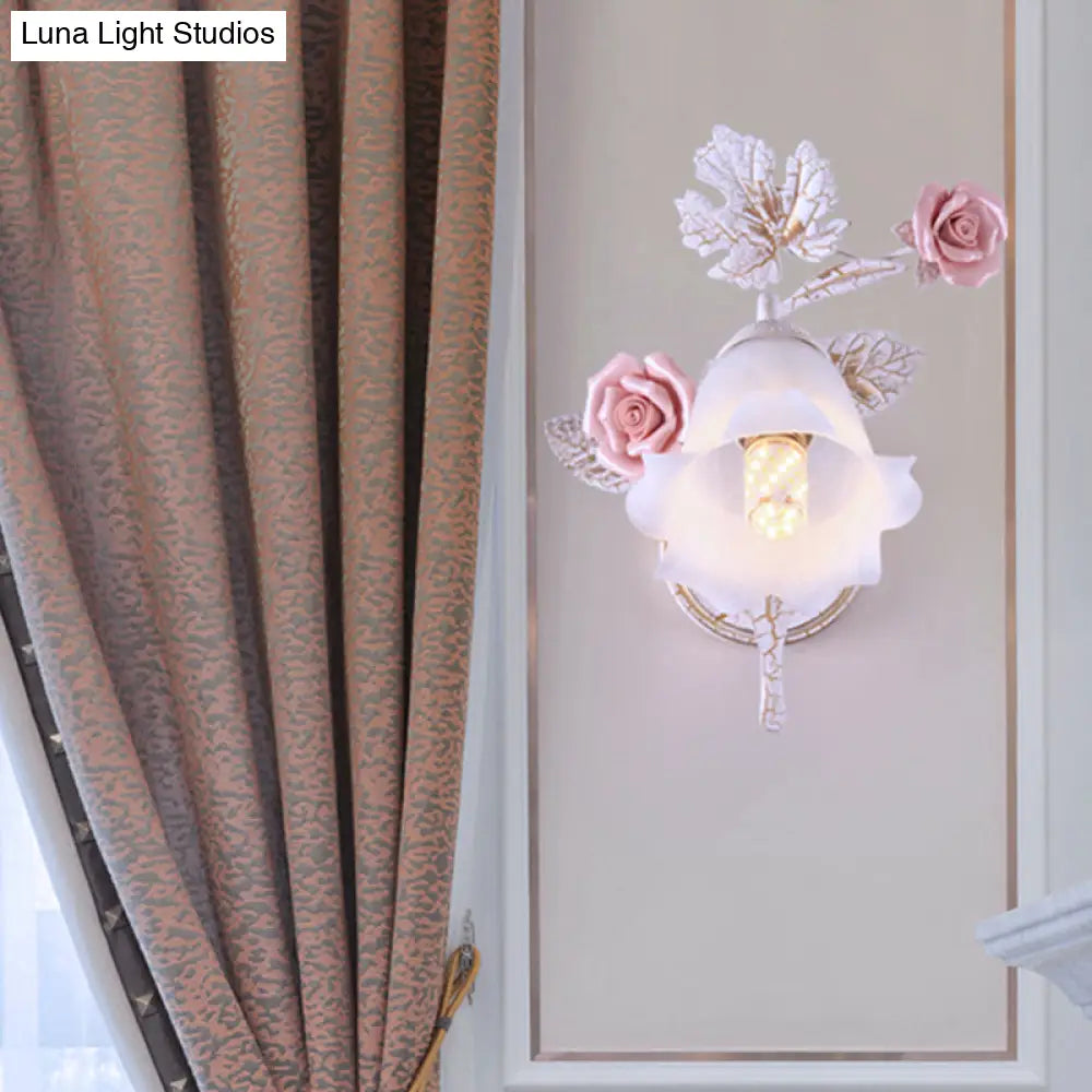 Pastoral Floral White Glass Wall Sconce With Metal Curved Arm For Living Room - 1/2-Light Mount Lamp