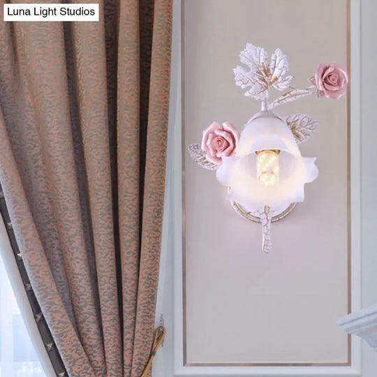 Pastoral Floral White Glass Wall Sconce With Metal Curved Arm For Living Room - 1/2-Light Mount Lamp