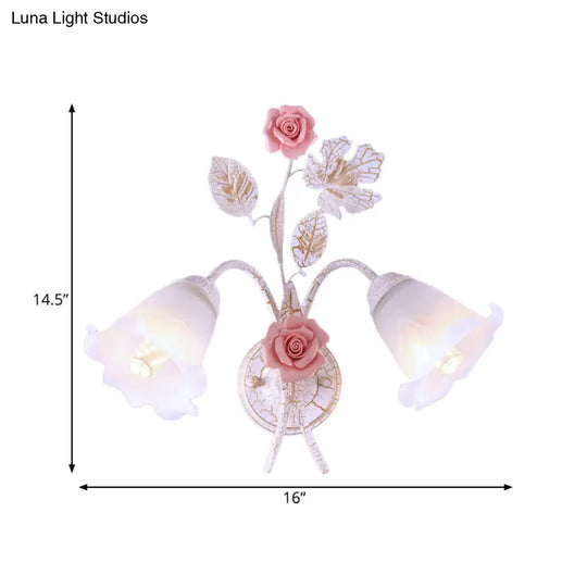 Pastoral Floral White Glass Wall Sconce With Metal Curved Arm For Living Room - 1/2-Light Mount Lamp