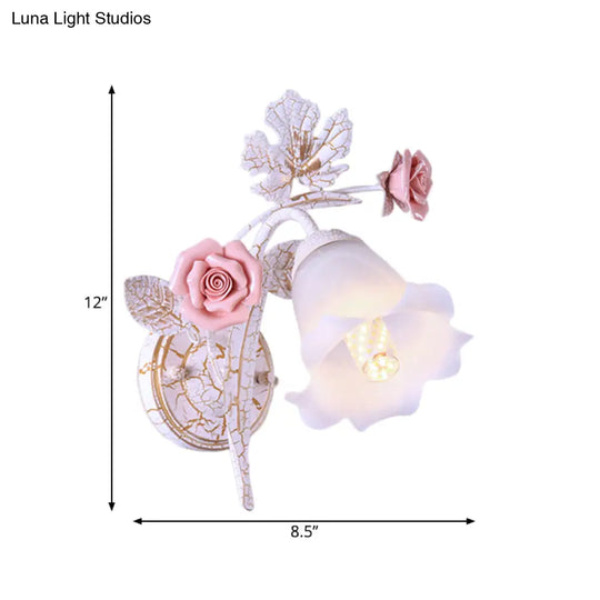 Pastoral Floral White Glass Wall Sconce With Metal Curved Arm For Living Room - 1/2-Light Mount Lamp