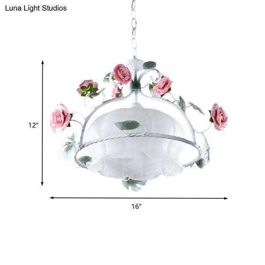 Pastoral Flower White Glass Led Pendant Light For Restaurants - Bulb Suspension Lamp