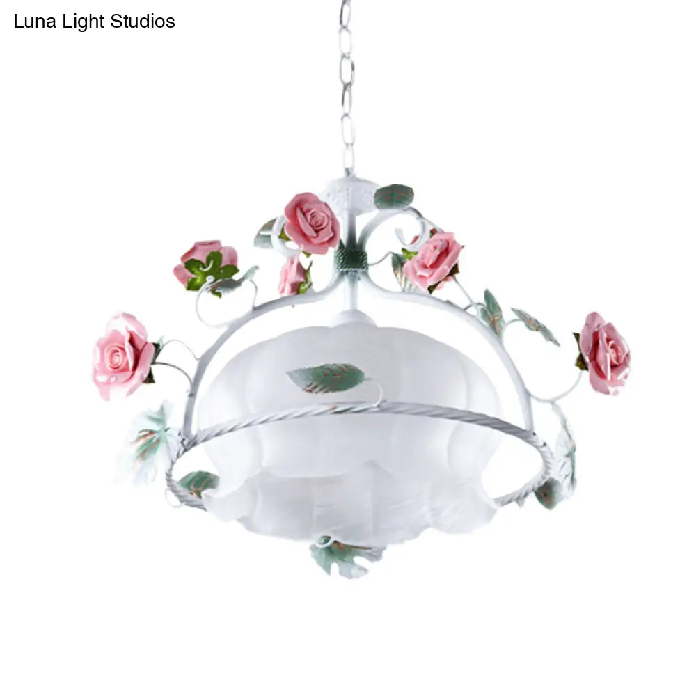 Pastoral Flower White Glass Led Pendant Light For Restaurants - Bulb Suspension Lamp