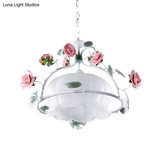 Pastoral Flower White Glass Led Pendant Light For Restaurants - Bulb Suspension Lamp