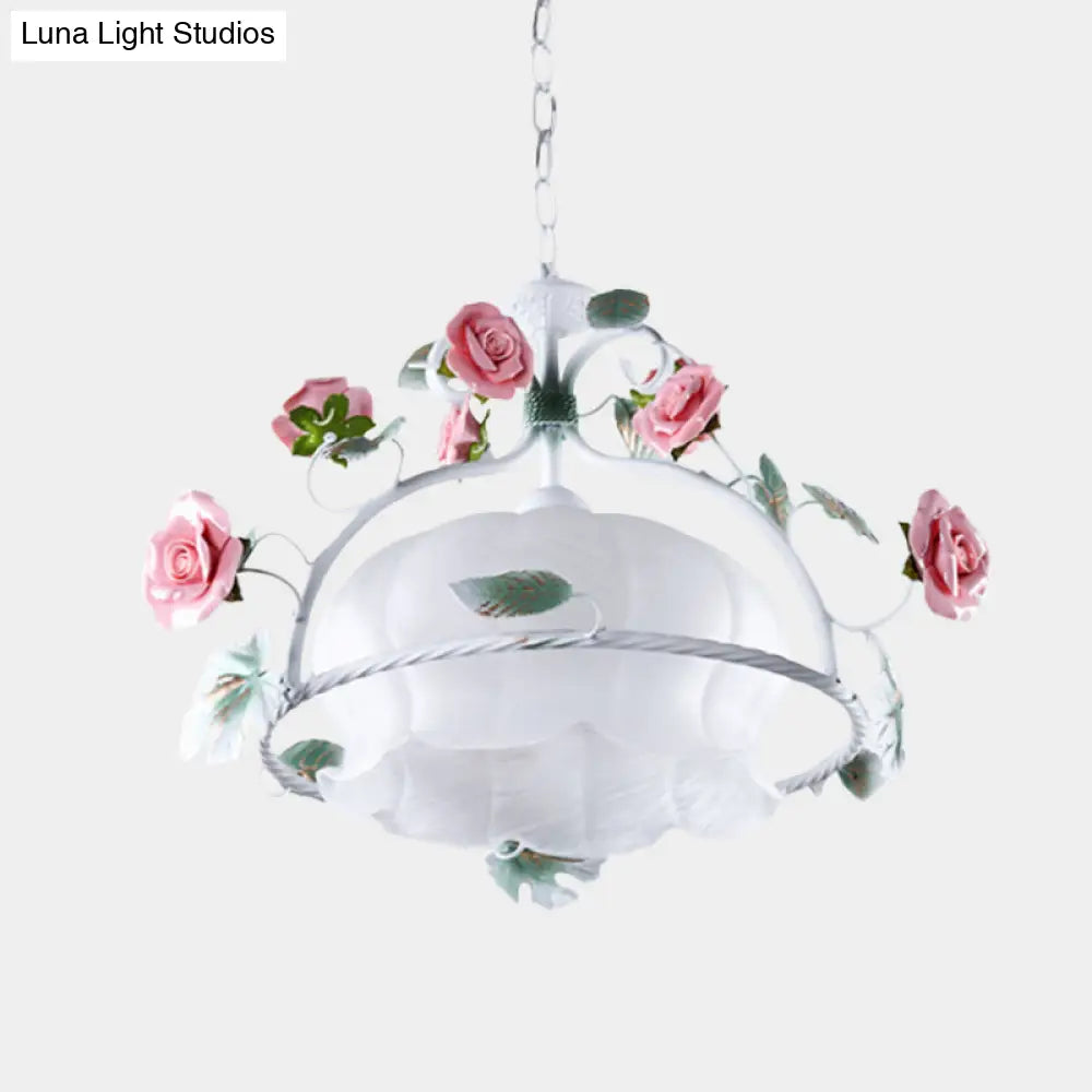 Pastoral Flower White Glass Led Pendant Light For Restaurants - Bulb Suspension Lamp