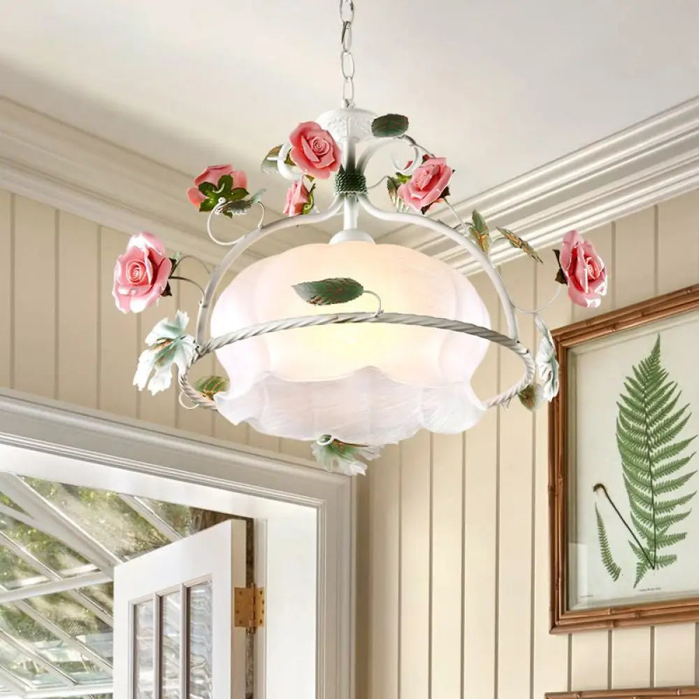 Pastoral Flower White Glass Led Pendant Light For Restaurants - Bulb Suspension Lamp