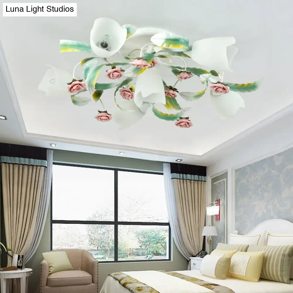 Pastoral Frost Glass Floral Ceiling Mount Chandelier: White Semi Flush Lighting For Bedroom