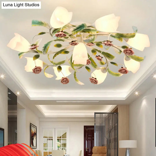 Pastoral Frost Glass Floral Ceiling Mount Chandelier: White Semi Flush Lighting For Bedroom