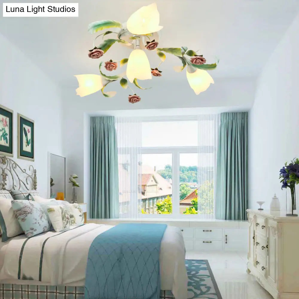 Pastoral Frost Glass Floral Ceiling Mount Chandelier: White Semi Flush Lighting For Bedroom