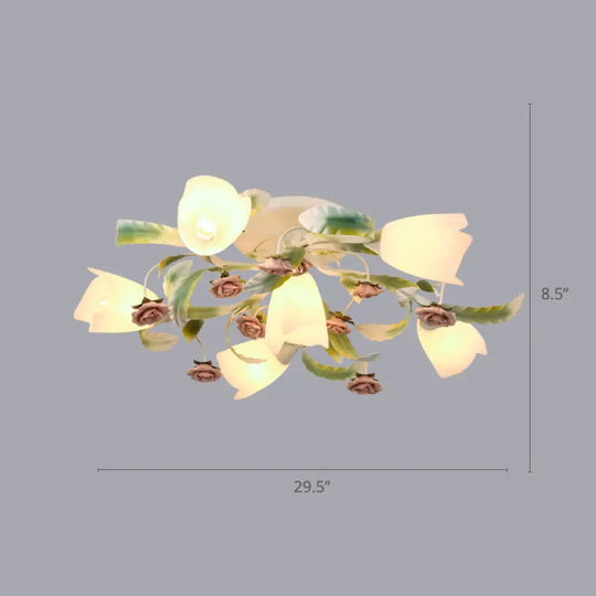 Pastoral Frost Glass Floral Ceiling Mount Chandelier: White Semi Flush Lighting For Bedroom 6 /